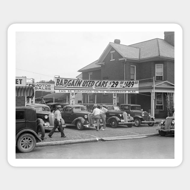 Bargain Used Cars, 1938. Vintage Photo Sticker by historyphoto